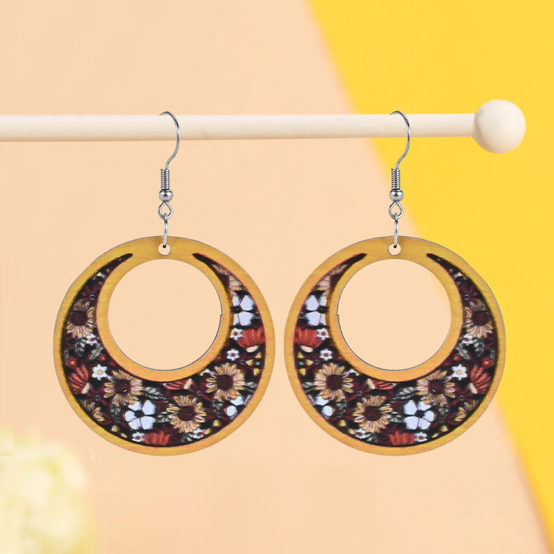 Ethnic Style Wooden Crescent Sunflower Print Earrings